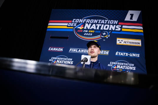 Elias Pettersson of Sweden being interviewed by media