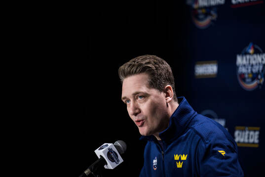 Head coach Sam Hallam of Sweden at a press conference
