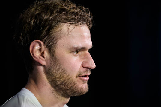 Aleksander Barkov of Finland is being interviewed by media