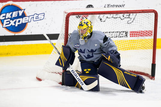 Goaltender Filip Gustavsson of Sweden at a practice session