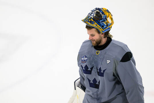 Goaltender Samuel Ersson of Sweden at a practice session