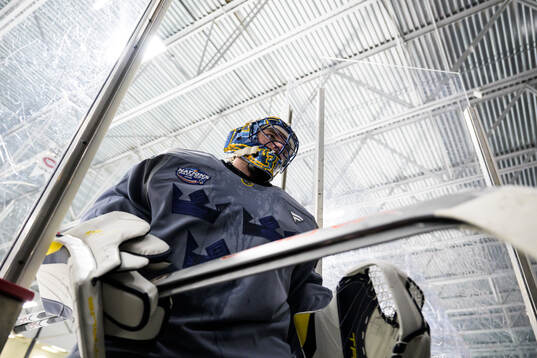 Goaltender Samuel Ersson of Sweden at a practice session