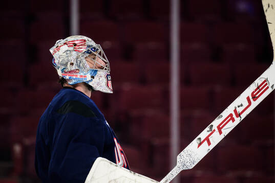 Goaltender Connor Hellebuyck of USA at a practice session