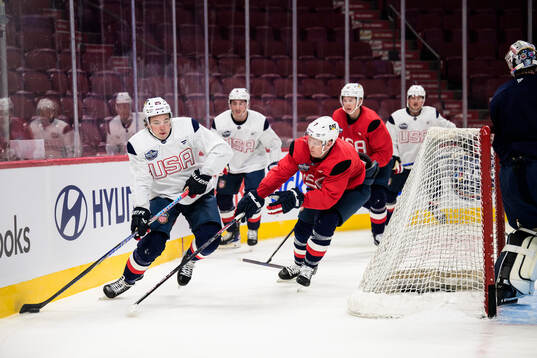 Charlie McAvoy and Brady Tkachuk of USA at a practice