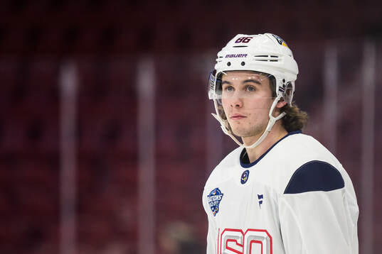 Jack Hughes of USA at a practice session