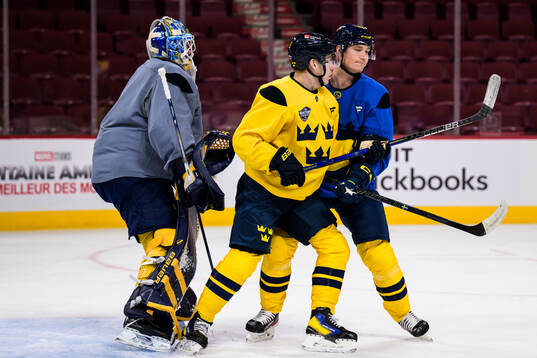 Jesper Bratt and Gustav Forsling of Sweden at a practice