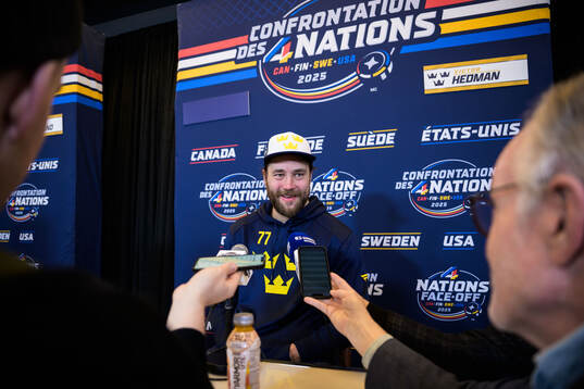 Victor Hedman of Sweden is being interviewed by media