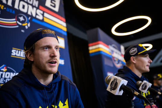 Jonas Brodin of Sweden is being interviewed by media