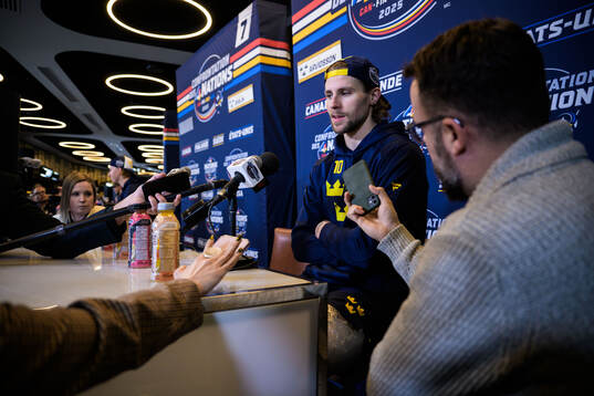 Adrian Kempe of Sweden is being interviewed by media