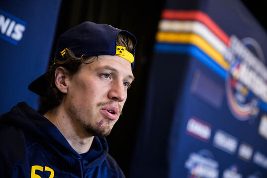 Rickard Rakell of Sweden is being interviewed by media