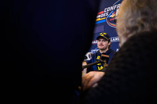 And William Nylander of Sweden is being interviewed by media