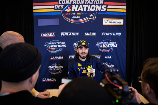 Mika Zibanejad of Sweden is being interviewed by media