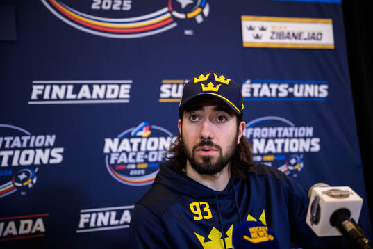 Mika Zibanejad of Sweden is being interviewed by media