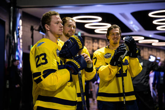 Lucas Raymond, Adrian Kempe and Rickard Rakell of Sweden