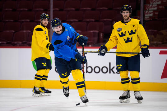 Filip Forsberg and Elias Lindholm of Sweden at a practice