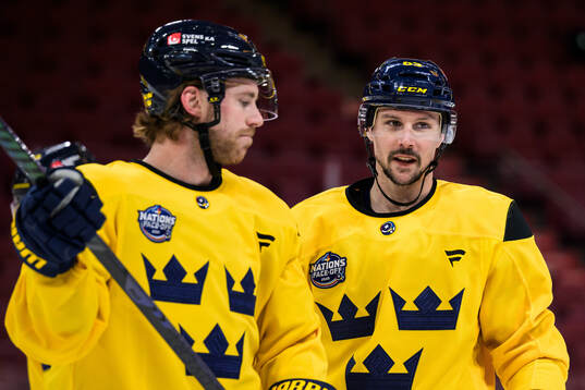 Elias Lindholm and Erik Karlsson of Sweden at a practice