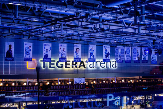 Flaggor hissade i taket på Tegera Arena