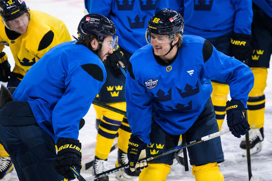 Mika Zibanejad and William Nylander of Sweden at a practice