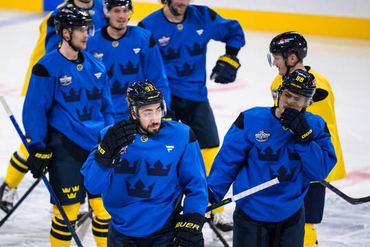 Mika Zibanejad and William Nylander of Sweden at a practice