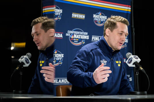 Head coach Sam Hallam of Sweden speaks to the media