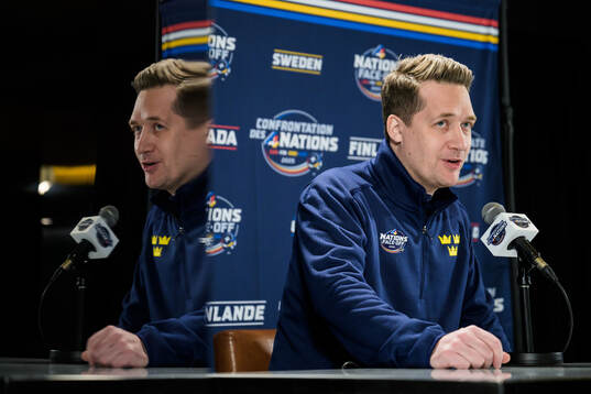 Head coach Sam Hallam of Sweden speaks to the media