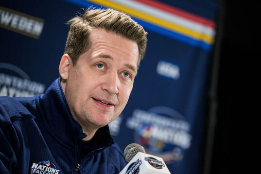 Head coach Sam Hallam of Sweden speaks to the media