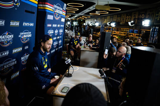 Victor Hedman of Sweden is being interviewed by media