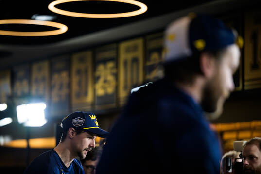 Erik Karlsson of Sweden is being interviewed by media