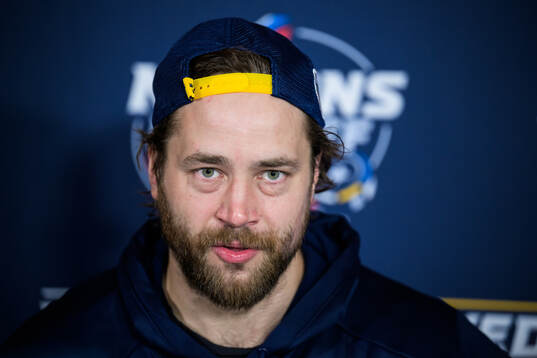 Victor Hedman of Sweden is being interviewed by media