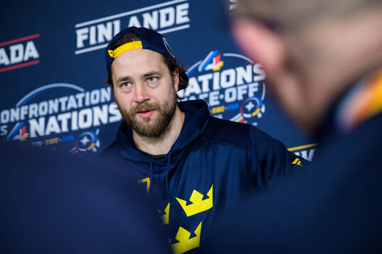 Victor Hedman of Sweden is being interviewed by media