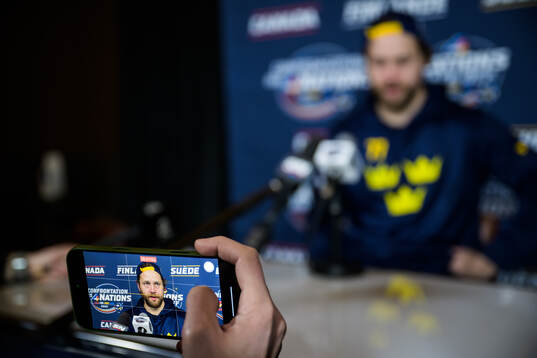 Victor Hedman of Sweden is being interviewed by media