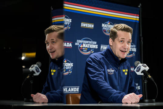 Head coach Sam Hallam of Sweden speaks to the media