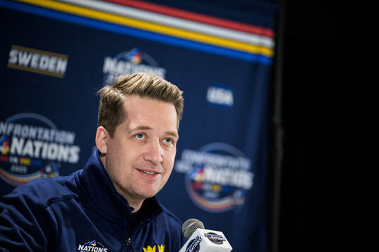 Head coach Sam Hallam of Sweden speaks to the media