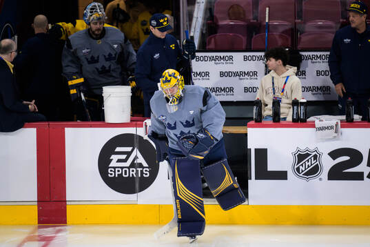 Goaltender Filip Gustavsson of Sweden at a practice session