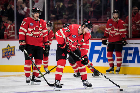 Sidney Crosby and Connor McDavid of Canada at warm-up