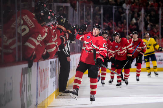 Brad Marchand of Canada celebrates