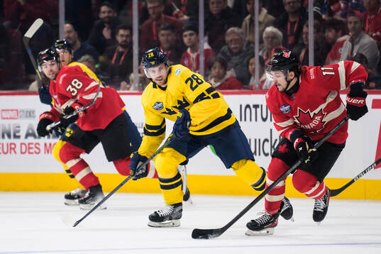 Elias Lindholm of Sweden and Travis Konecny of Canada
