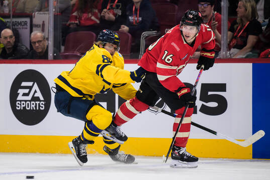 William Nylander of Sweden and Mitch Marner of Canada