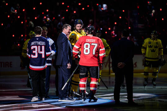 Auston Matthews of USA, Mario Lemieux, Victor Hedman of