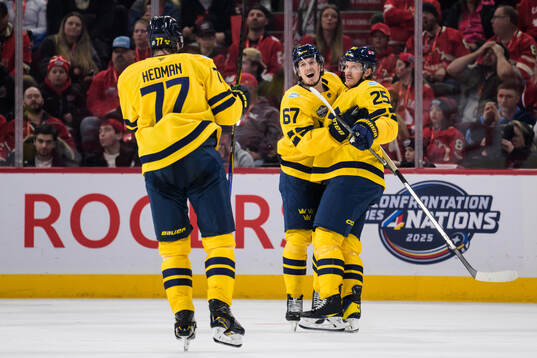Victor Hedman, Rickard Rakell and Jonas Brodin of Sweden