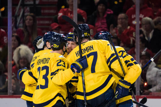 Jonas Brodin of Sweden celebrates his 2-1 goal with