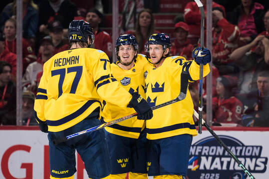 Victor Hedman, Rickard Rakell and Jonas Brodin of Sweden