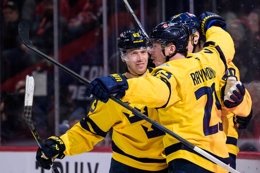 Jesper Bratt, Lucas Raymond and Joel Eriksson Ek of Sweden