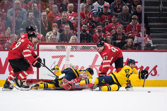 Mika Zibanejad and Rickard Rakell of Sweden challenge