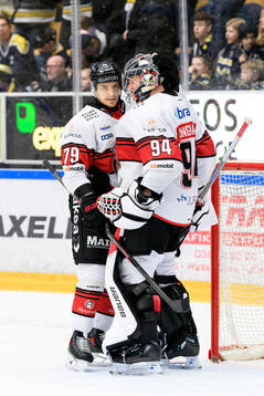 Malmö Redhawks Jakub Galvas och målvakt Marek Langhamer