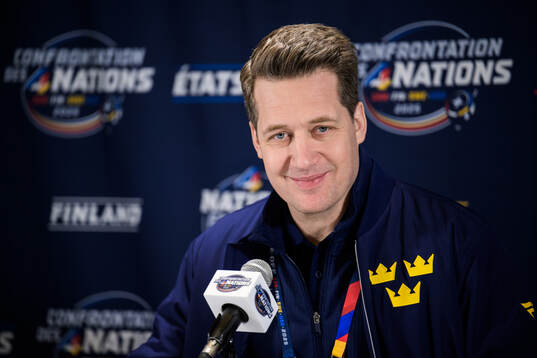 Head coach Sam Hallam of Sweden at a press event