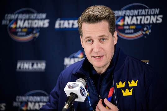 Head coach Sam Hallam of Sweden at a press event
