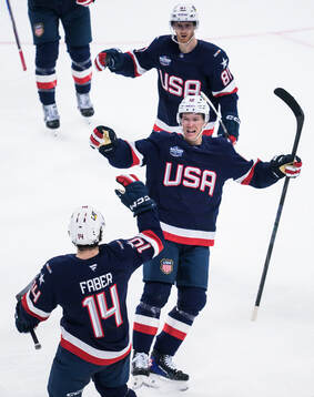 Brock Faber, Matt Boldy and Kyle Connor of USA celebrate