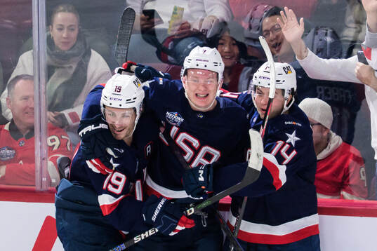 Matthew Tkachuk, Brady Tkachuk and Brock Faber of USA