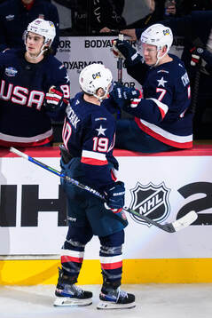 Matthew Tkachuk and Brady Tkachuk of USA celebrate the 6-1